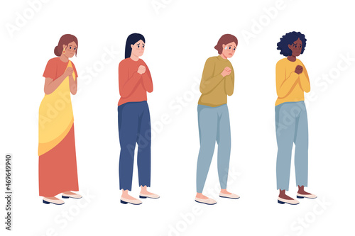Worried women semi flat color vector characters set. Full body people on white. Nervous women squeezing hands together isolated modern cartoon style illustrations for graphic design and animation