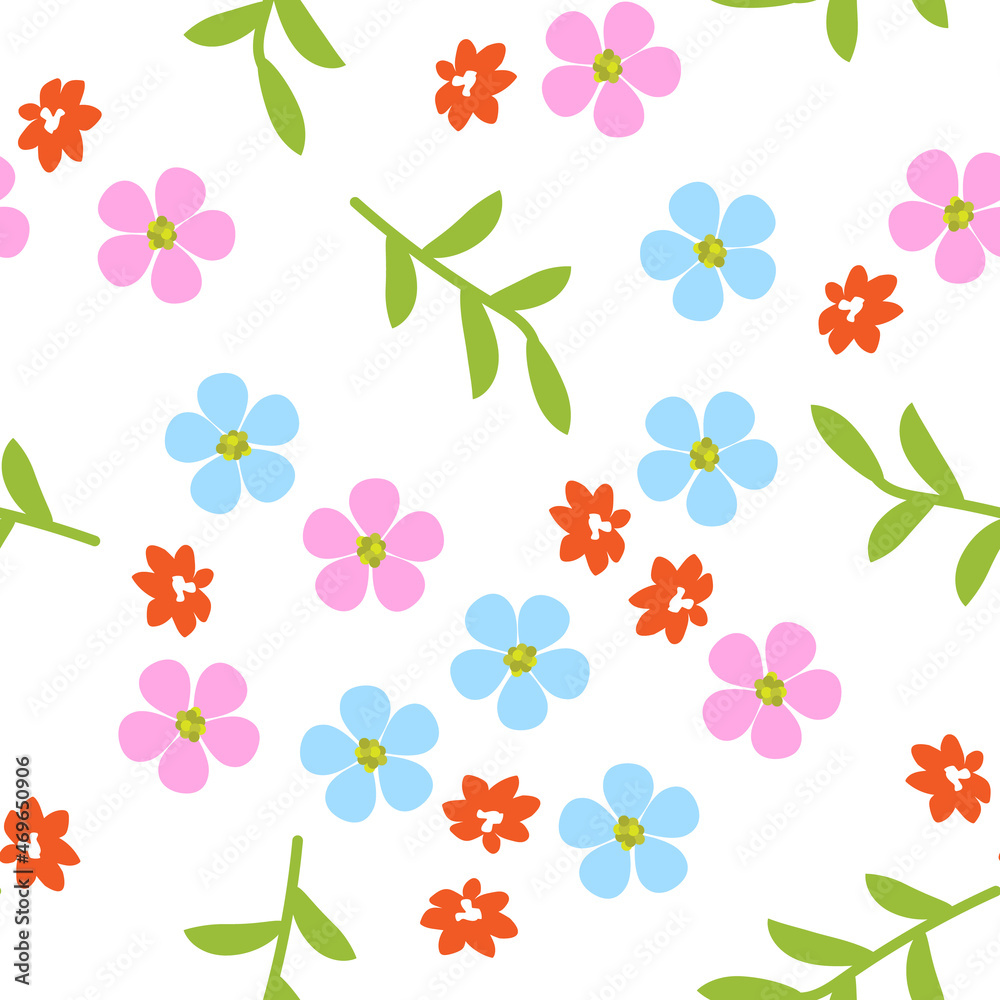 Seamless pattern with pink and blue flowers on white background