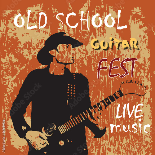 Printvector image of poster of american country rock music festival with guitar player playing guitar on bright textures	