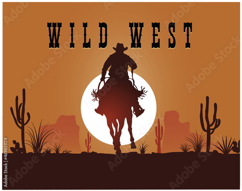 VECTOR IMAGE OF A COWBOY ON A HORSE ON A SUNSET BACKGROUND IN THE