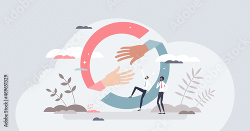 Hands helping or giving support with united collaboration tiny person concept. Reach business partner with strong solidarity and trustworthy vector illustration. Teamwork join and diversity power. photo