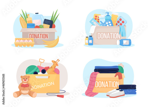 Donation box 2D vector isolated illustration set. Meds for charity. Food and clothing for poor flat composition on cartoon background. Non profit organization colourful scene bundle