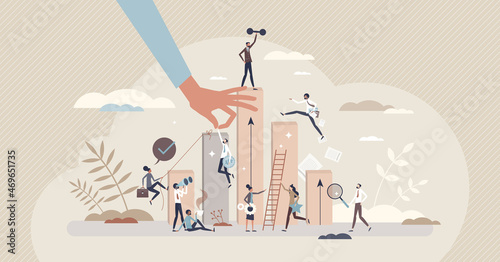 Personal achievement and self improvement in work skills tiny person concept. Leadership development with challenges to reach talent potential vector illustration. Accomplishment and determination. photo