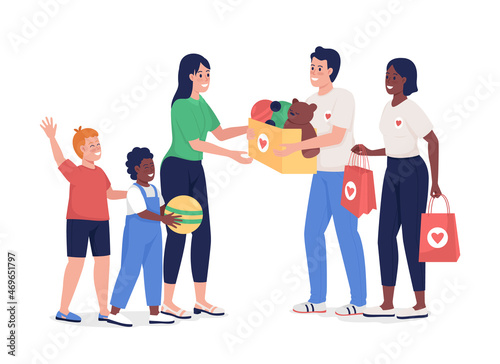 People donate to orphanage semi flat color vector characters. Full body people on white. Social workers work isolated modern cartoon style illustration for graphic design and animation
