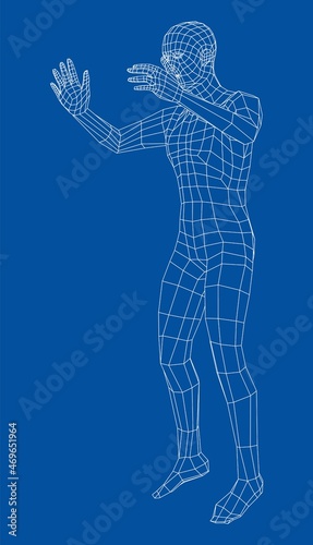 Wireframe jumping man. 3d illustration