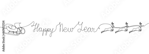 New Year card with Santa s sleigh with Christmas reindeer one line art. Continuous line drawing of new year holidays, christmas, congratulations, weekend, celebration.