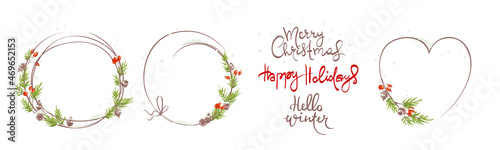Winter frames, christmas backgrounds. Set vector design elements and holiday calligraphy. Fir branches, red berries, cone and snow.	