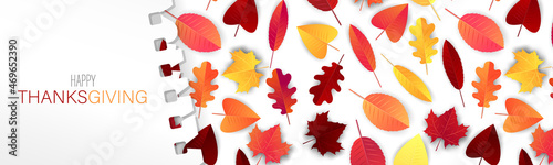 Thanksgiving banner, website header or newsletter cover. Red and orange fall leaves realistic under torn out sheet of paper. vector illustration with lettering.