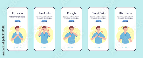 Post covid syndrome symptoms onboarding mobile app screen flat vector template. Walkthrough website 5 steps with characters. Creative UX, UI, GUI smartphone cartoon interface, case prints set