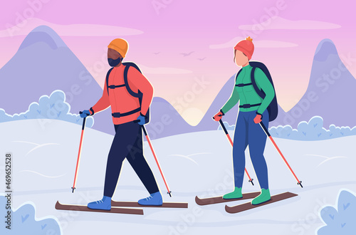 Couple skiing flat color vector illustration. Active recreation during cold weather. Man and woman training together in winter 2D cartoon characters with wintertime sunset on background