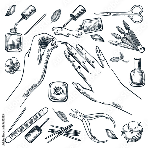 Woman paints nails with lacquer, vector hand drawn top view illustration. Manicure tools, cosmetics sketch icons set