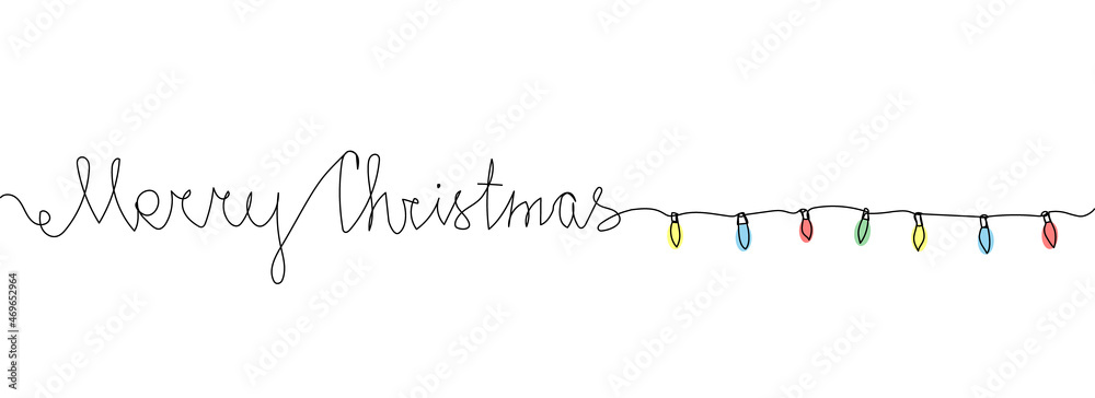 Christmas card with electric garland one line art. Continuous line drawing of new year holidays, christmas, illumination, lighting, celebration, decoration.