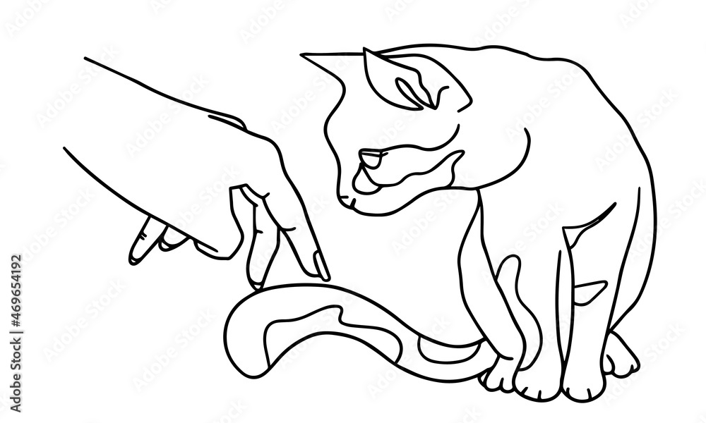The hand plays with the tail of the cat. The cat sniffs the hand. Playing with your pet. Kitten and man. Taking care of your pet. Design element. Black-white linear vector illustration. The hand plays with the tail of the cat. The cat sniffs the hand. Playing with your pet. Kitten and man. Taking care of your pet. Design element. Black-white linear vector illustration.