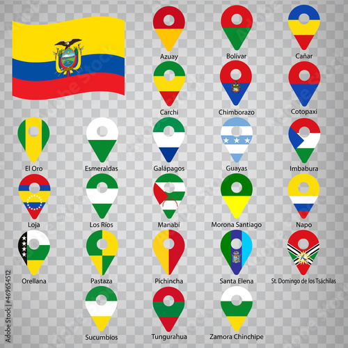 Twenty four flags the Provinces of Ecuador  -  alphabetical order with name.  Set of 2d geolocation signs like flags Provinces of Ecuador. Twenty four  one 2d geolocation signs for your design. EPS10 photo