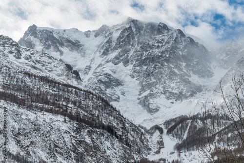 European Alps in winter. Monte Rosa from Macugnaga, north Italy, with the impressive east wall covered with ice and, at the base, one of the two ski areas. Winter background  photo