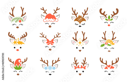 Christmas reindeer set. Kids holiday design with deer faces. Cute cartoon character. Vector decoration elements for celebrating Christmas and New Year. © Ansty art