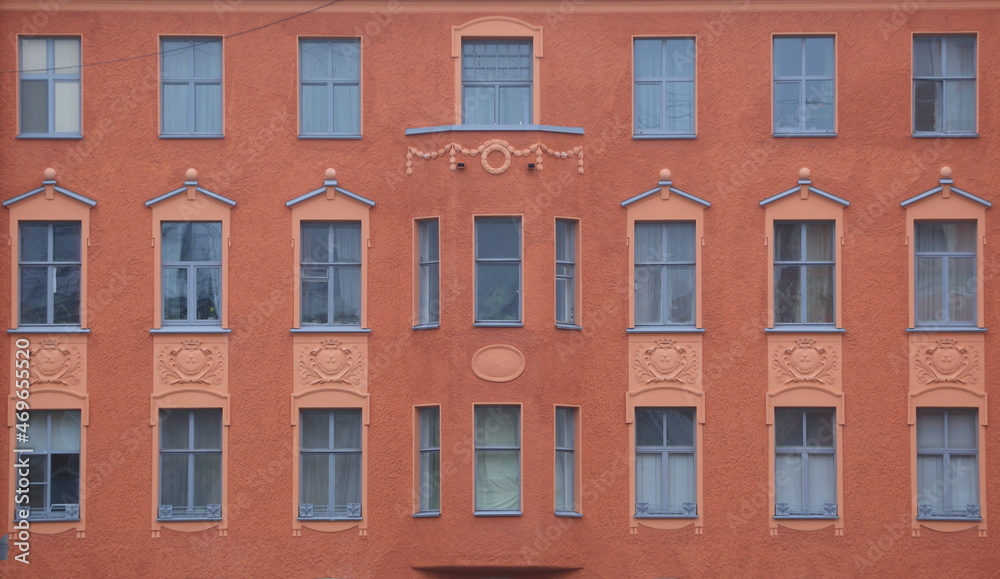 Pink facade of an old house, Malaya Konyushennaya ulitsa, St. Petersburg, Russia, November 2021