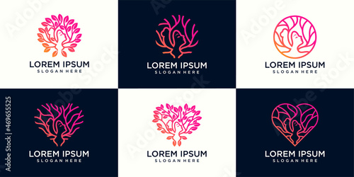 set of beauty Woman face in leaves , in tree and in twigs . Vector female logo design template.