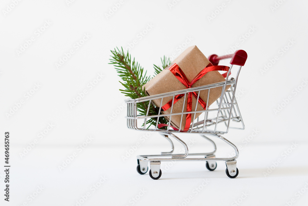 Gift box with a branch of a Christmas tree in a supermarket trolley.