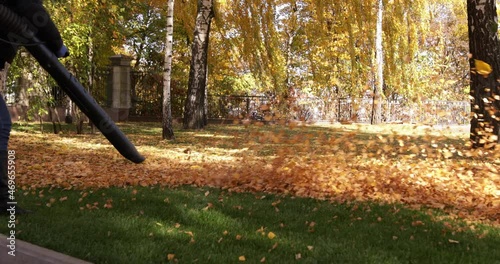 Gardeners remove fallen leaves for composting in the park.