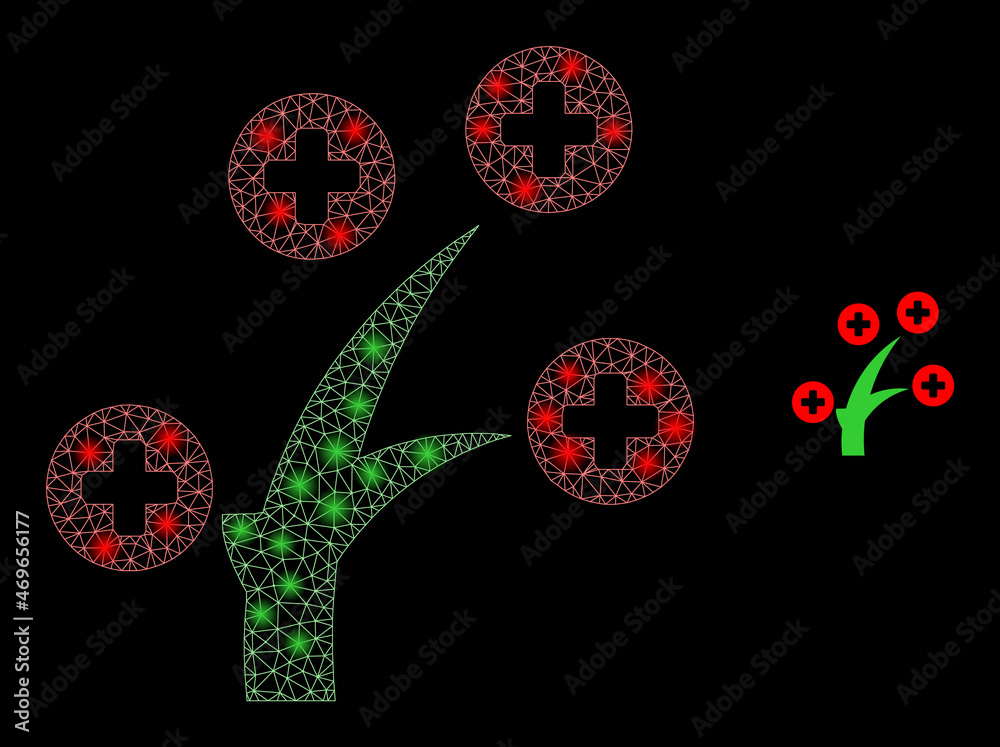 Glossy polygonal mesh net medical tree icon with glare effect on a black background. Carcass medical tree iconic vector with shiny dots in stardust colors.