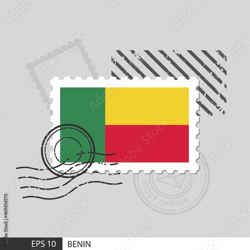 Benin flag postage stamp. Isolated vector illustration on grey post stamp background and specify is vector eps10.