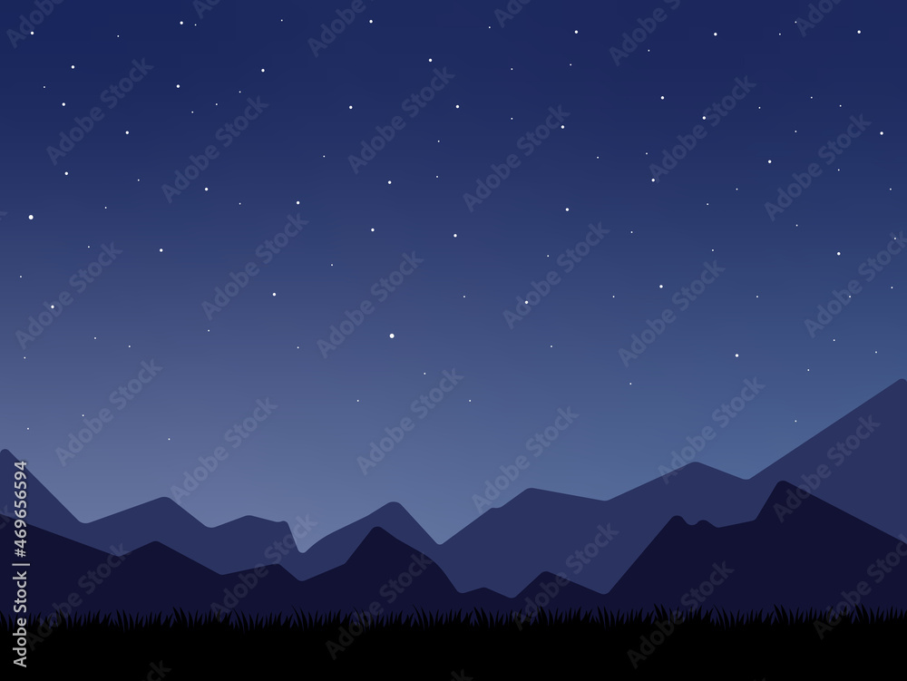 Vector illustration of the night starry sky and mountain
