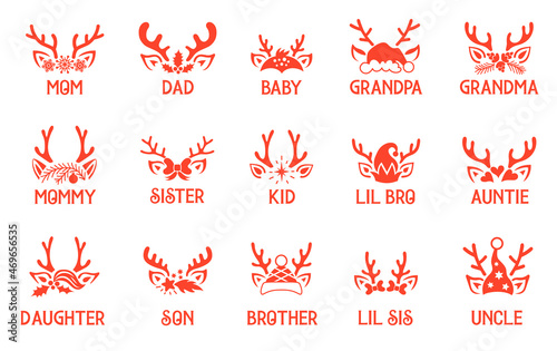 Christmas reindeer set with the names of all family members. Matching Christmas family design with deer faces. Vector holiday silhouette illustration. funny characters for Christmas and New Year