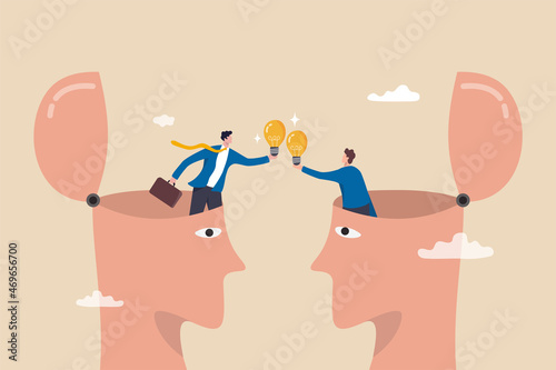 Exchange idea from brainstorm to get new solution to solve problem, sharing knowledge, creativity and innovation concept, businessman open from human brain head to exchange business lightbulb ideas.