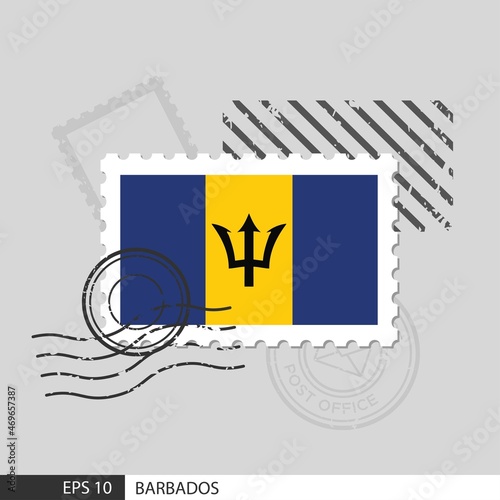 Barbados flag postage stamp. Isolated vector illustration on grey post stamp background and specify is vector eps10.