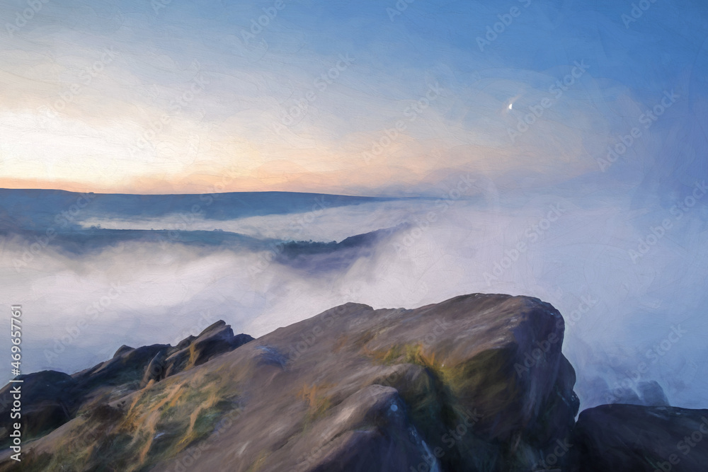 Digital oil painting of a cloud inversion, and mist at The Roaches, Staffordshire
