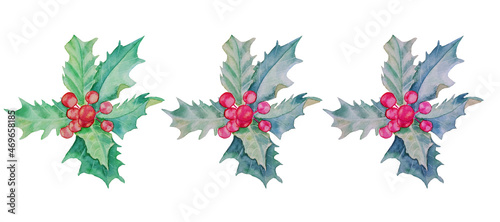 Holly watercolor illustration set. Hand painted Christmas floral element on white background. Botanical illustration for winter holidays design. Christmas symbol. Christmas branch with red berries