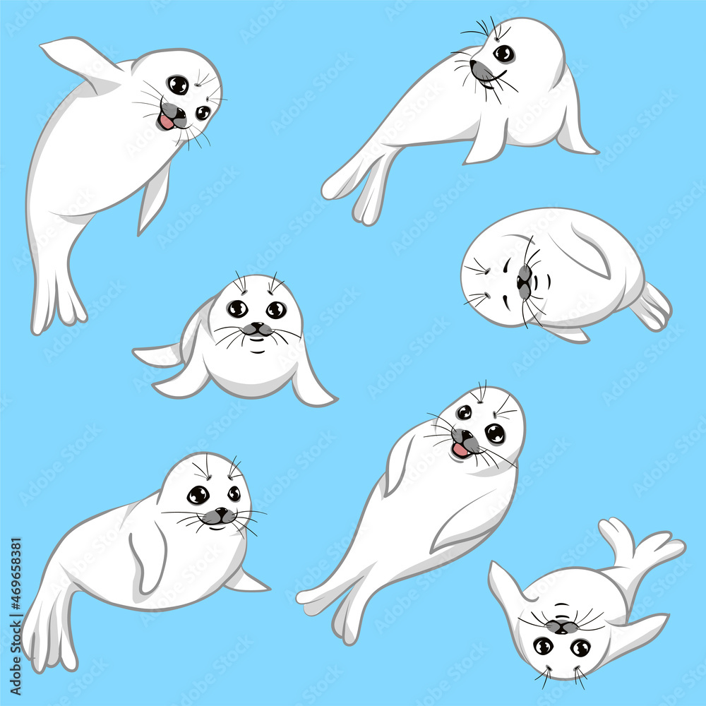 Set of vector harp baby seals