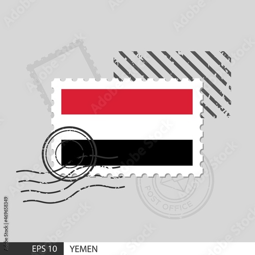 Yemen flag postage stamp. Isolated vector illustration on grey post stamp background and specify is vector eps10.