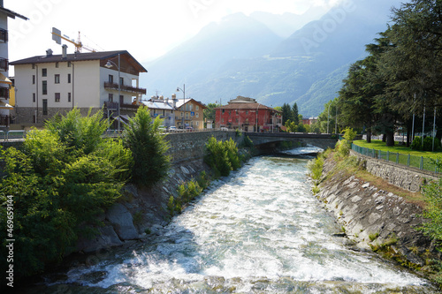 Dora Baltea River and Aosta cityscape in Aosta Valley, Italy