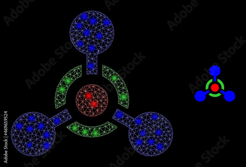 Glossy polygonal mesh net toxic Nerve agent icon with glare effect on a black background. Carcass toxic Nerve agent iconic vector with glowing spheres in stardust colors.