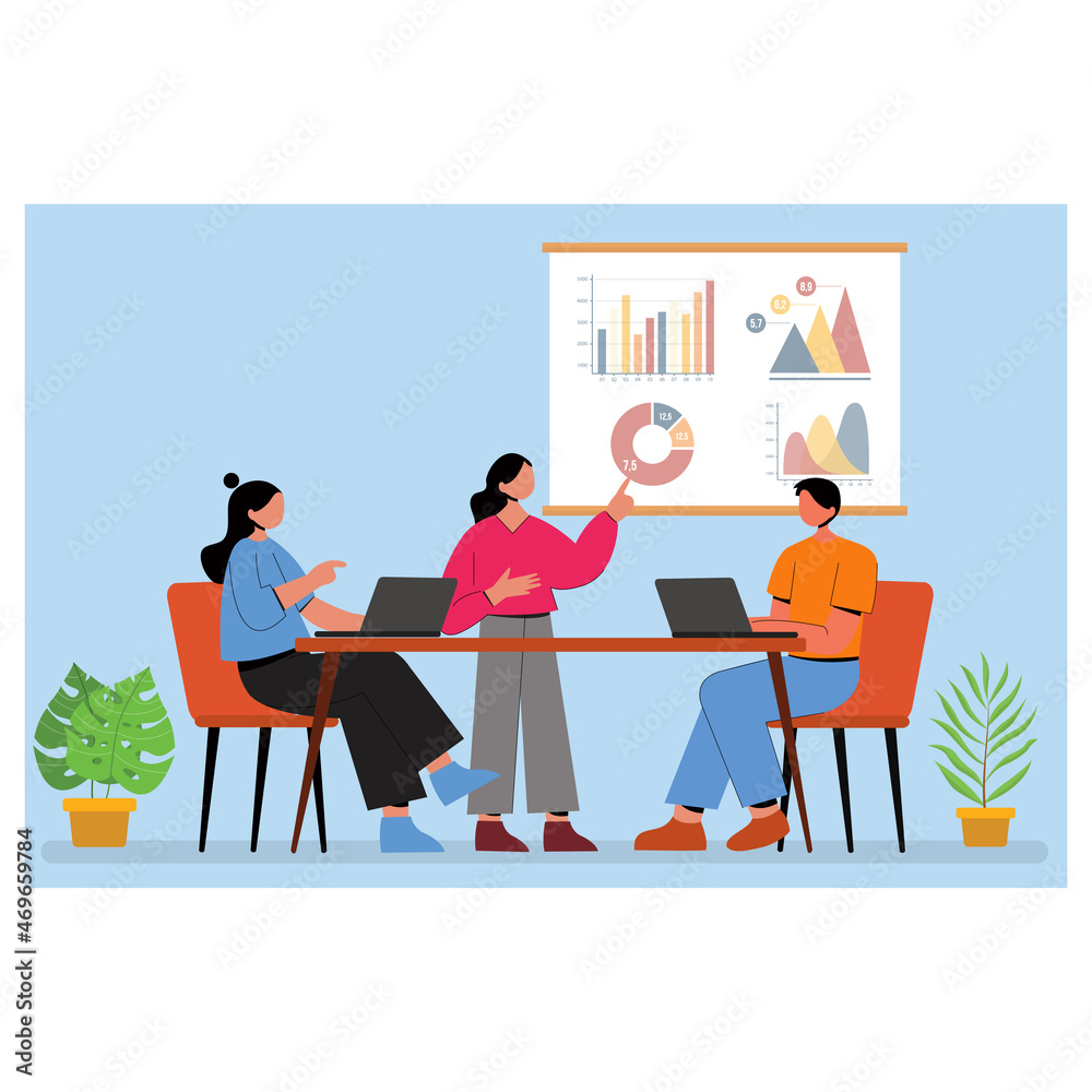 Business meeting. Presentation and discussion of the project. Vector flat style illustration