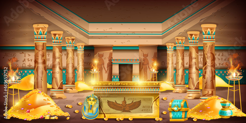 Egypt pharaoh tomb game background, ancient temple interior, secret treasure room, gold coin pile. Old civilization palace sarcophagus, stone column, jewelry chest, mural hieroglyphs. Egypt tomb