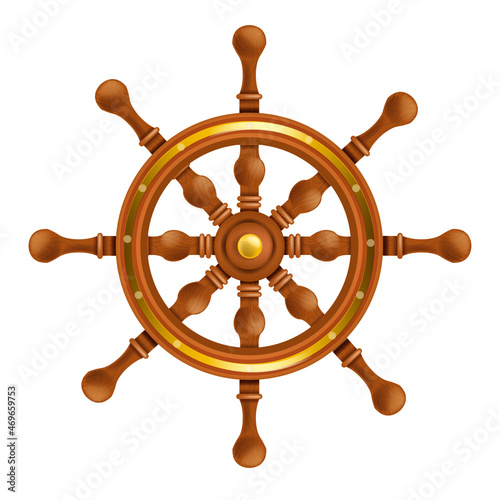 Ship steering wheel vector game icon, ancient boat vintage rudder, pirate wooden marine helm on white. Yacht retro realistic circle navigation control object. Antique ship wheel 3D ocean clipart