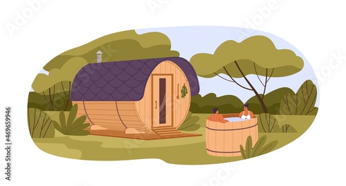 Barrel sauna and couple in wooden water bucket in nature. Wood round banya house. Landscape with people near bathhouse. Outdoor SPA and wellness. Flat vector illustration isolated on white background