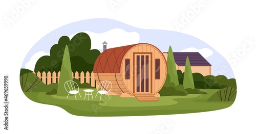 Wooden barrel sauna on house backyard. Outdoor banya cabin for SPA. Wood cedar bathhouse in summer nature landscape with table and chairs. Flat vector illustration isolated on white background