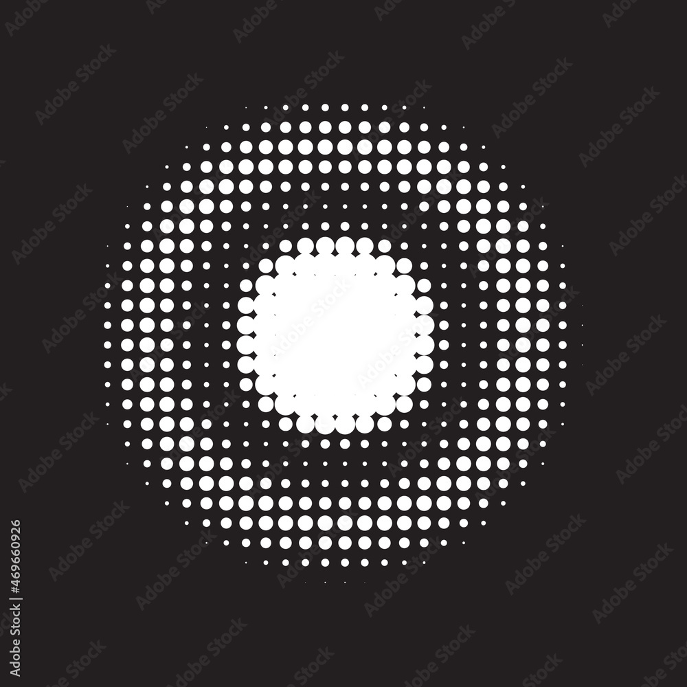 White Halftone Logo. Texture Dots. Abstract Shape. Round Set. Design Half. Effect Dots. Graphic Gradation. Dot Gradation. Gradient Backdrop.