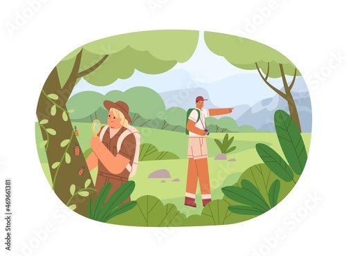 People explore insects and plants in nature. Biologists in forest studying en...