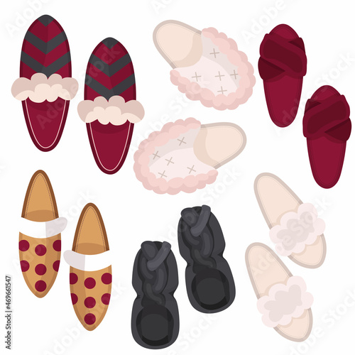 A set of warm, cozy slippers. Comfort. Home. Vector illustration of cartoon shoes. Isolated shoe icons on a white background. Soft house slippers.