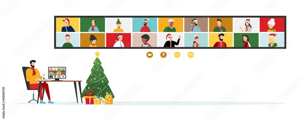 People wishing Merry Christmas and Happy New Year. Celebrating holiday and giving gifts via video call or web conference in 2022. Vector