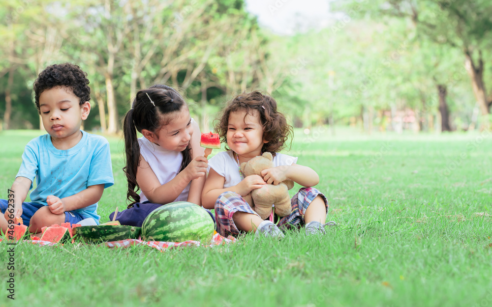 Three mixed race caucasian little cute children kids sitting, playing in outdoor green park for picnic, eating fruit, watermelon and pineapple with freshness. Education, Friendship, Diversity Concept.