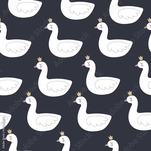 Seamless pattern with cartoon swan. Flat style colorful vector illustration for kids. hand drawing. baby design for fabric  textile  print  wrapper.