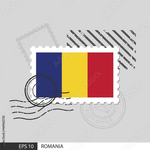 Romania flag postage stamp. Isolated vector illustration on grey post stamp background and specify is vector eps10.