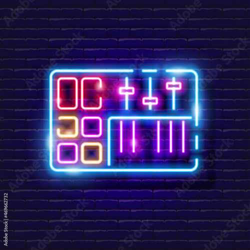 Launchpad neon icon. Music glowing sign. Music concept. Vector illustration for Sound recording studio design, advertising, signboards, vocal studio.