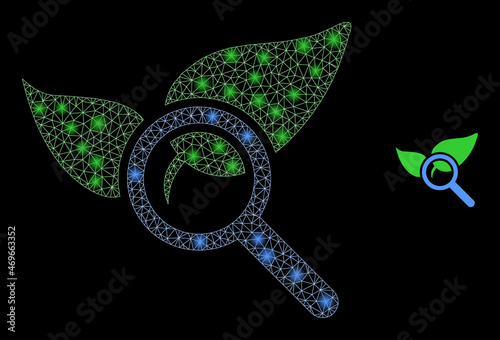 Glossy polygonal mesh net search flora plant icon with glow effect on a black background. Carcass search flora plant iconic vector with illuminated spheres in bright colors.
